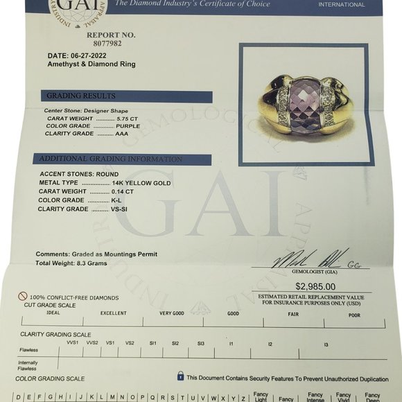 Vintage 14 Karat Yellow Gold Amethyst and Diamond Ring Size 6.25 GAI Certified - Picture 9 of 9